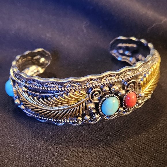 Jewelry - Beautiful metal silver bracelet with Gold feather design, red/Turquoise accents